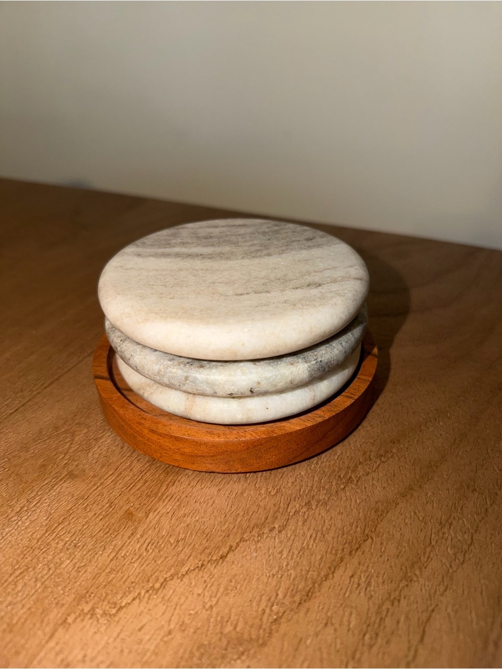 Marble Stone Coasters with Wooden Holder - White Marble